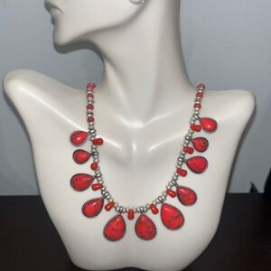 Chaps Silver-tone Faux Red Turquoise Beaded Necklace Adjustable Size